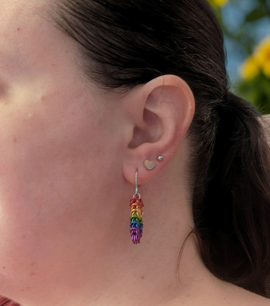 Rainbow Box Weave Chainmail Earrings - Handmade